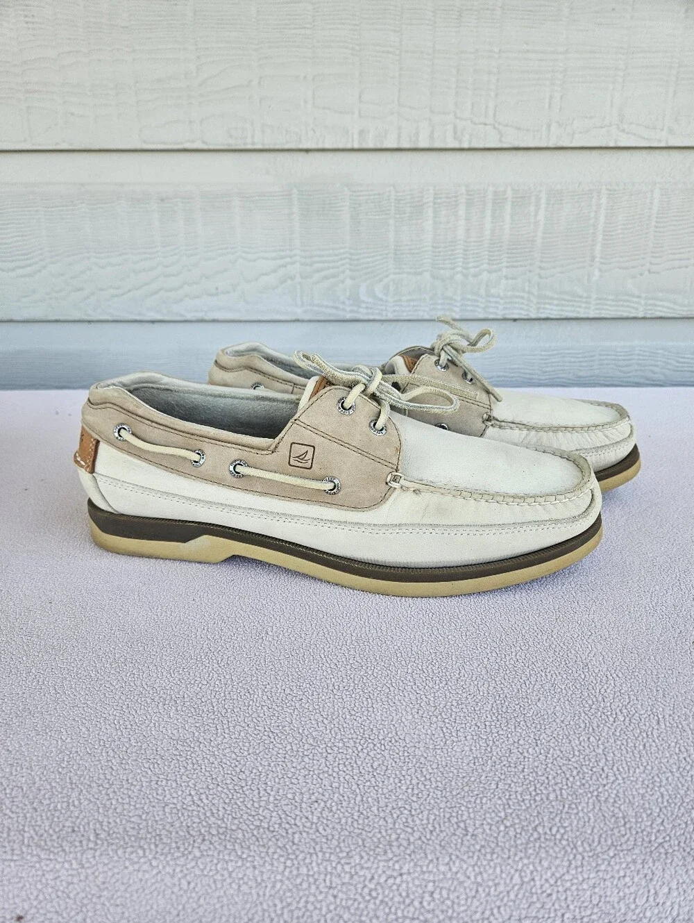 Sperry Mako 2-Eye Boat Shoes Loafer Men SZ 12 Beige Cream Suede Leather 0768101